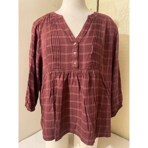 Wrangker Womens Size Large Plaid Peasant Blouse V Neck 3/4 Sleeve Casual Top